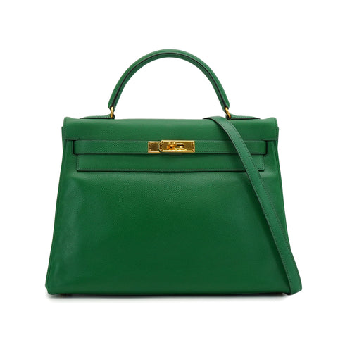 HERMES KELLY 32 RETOURNE VERT COURCHEVEL HAND SHOULDER BAG 1991 CIRCLE U GOLD HARDWARE 90346655