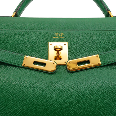 HERMES KELLY 32 RETOURNE VERT COURCHEVEL HAND SHOULDER BAG 1991 CIRCLE U GOLD HARDWARE 90346655