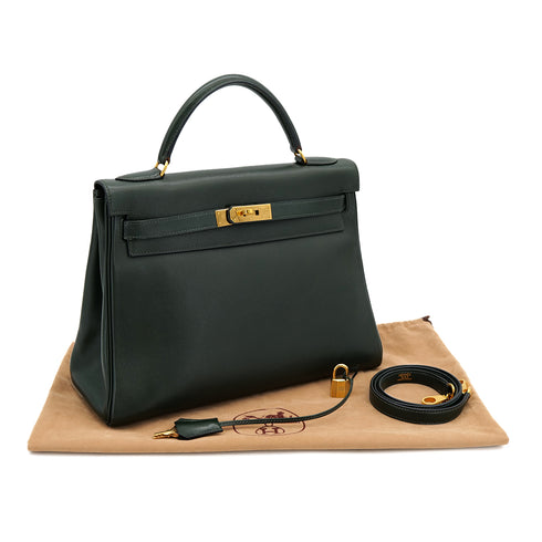 HERMES KELLY 32 RETOURNE VERT VEAU GULLIVER HAND SHOULDER BAG 1995 CIRCLE Y GOLD HARDWARE 90323090
