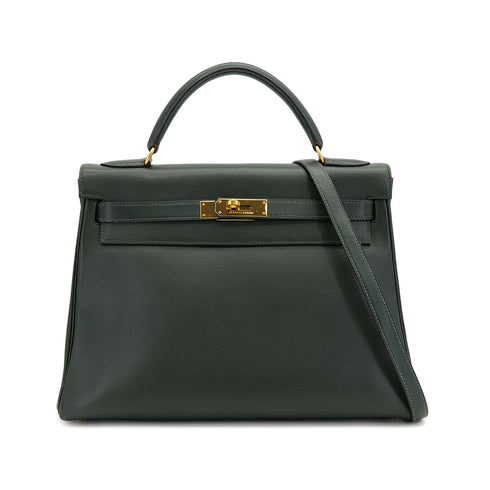 HERMES KELLY 32 RETOURNE VERT VEAU GULLIVER HAND SHOULDER BAG 1995 CIRCLE Y GOLD HARDWARE 90323090