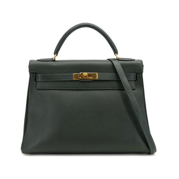 HERMES KELLY 32 RETOURNE VERT VEAU GULLIVER HAND SHOULDER BAG 1995 CIRCLE Y GOLD HARDWARE 90323090