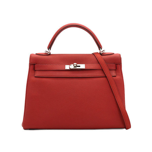 HERMES KELLY 32 RETOURNE ROUGE GARANCE TOGO HAND SHOULDER BAG 2013 SQUARE Q PALLADIUM HARDWARE 90335579