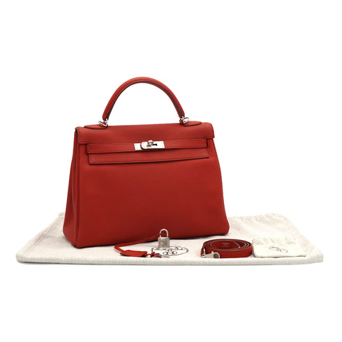 HERMES KELLY 32 ROUGE GARANCE TOGO HAND SHOULDER BAG 2013 SQUARE Q PALLADIUM HARDWARE 90335579