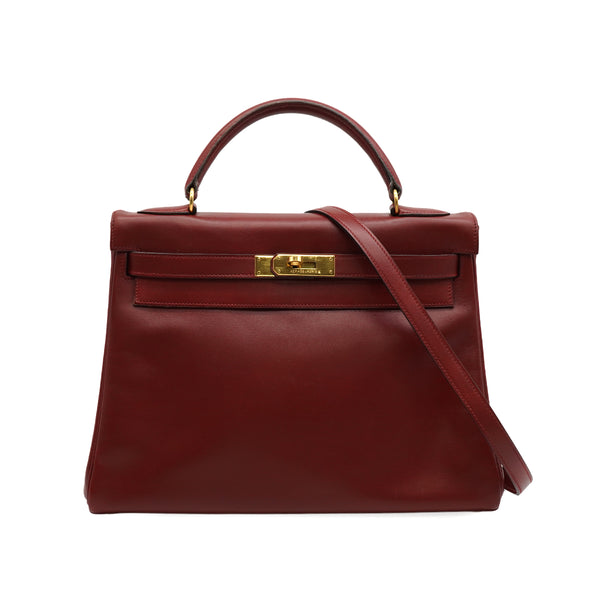 HERMES KELLY 32 RETOURNE ROUGE H BOX CALF HAND SHOULDER BAG 1993 CIRCLE W GOLD HARDWARE 90343415