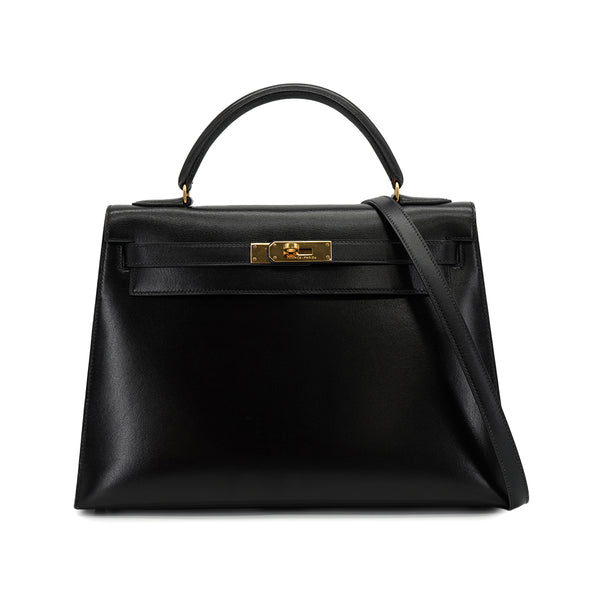 HERMES KELLY 32 SELLIER BLACK BOXCALF HAND SHOULDER BAG 1990 CIRCLE T GOLD HARDWARE 90328917