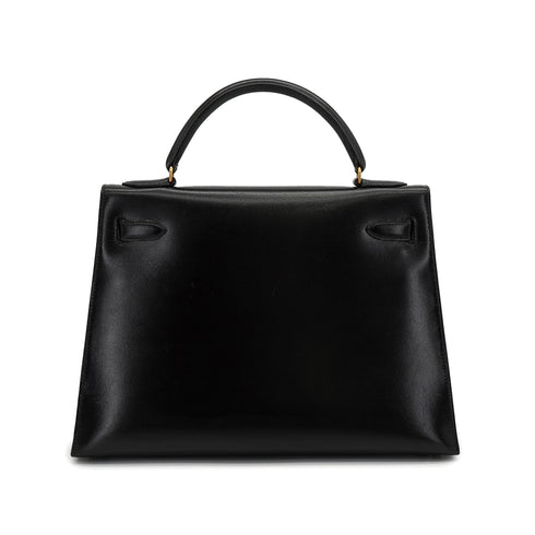 HERMES KELLY 32 SELLIER BLACK BOXCALF HAND SHOULDER BAG 1990 CIRCLE T GOLD HARDWARE 90328917