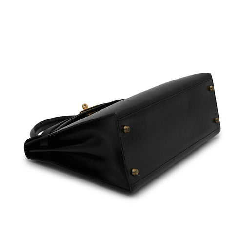 HERMES KELLY 32 SELLIER BLACK BOXCALF HAND SHOULDER BAG 1990 CIRCLE T GOLD HARDWARE 90328917