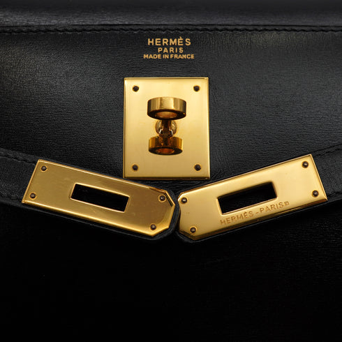 HERMES KELLY 32 SELLIER BLACK BOXCALF HAND SHOULDER BAG 1990 CIRCLE T GOLD HARDWARE 90328917
