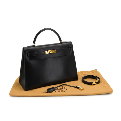 HERMES KELLY 32 SELLIER BLACK BOXCALF HAND SHOULDER BAG 1992 CIRCLE V GOLD HARDWARE 90326661