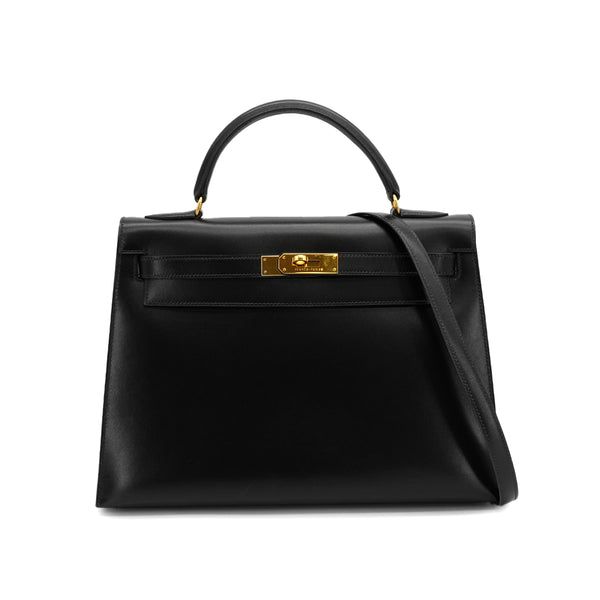 HERMES KELLY 32 SELLIER BLACK BOXCALF HAND SHOULDER BAG 1992 CIRCLE V GOLD HARDWARE 90326661