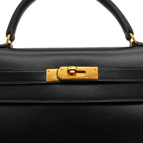 HERMES KELLY 32 SELLIER BLACK BOXCALF HAND SHOULDER BAG 1992 CIRCLE V GOLD HARDWARE 90326661