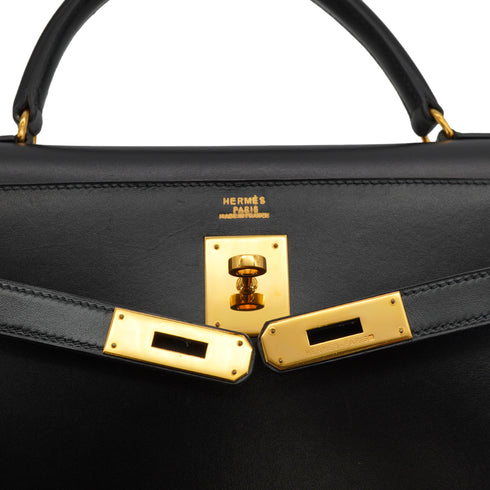 HERMES KELLY 32 SELLIER BLACK BOXCALF HAND SHOULDER BAG 1992 CIRCLE V GOLD HARDWARE 90326661