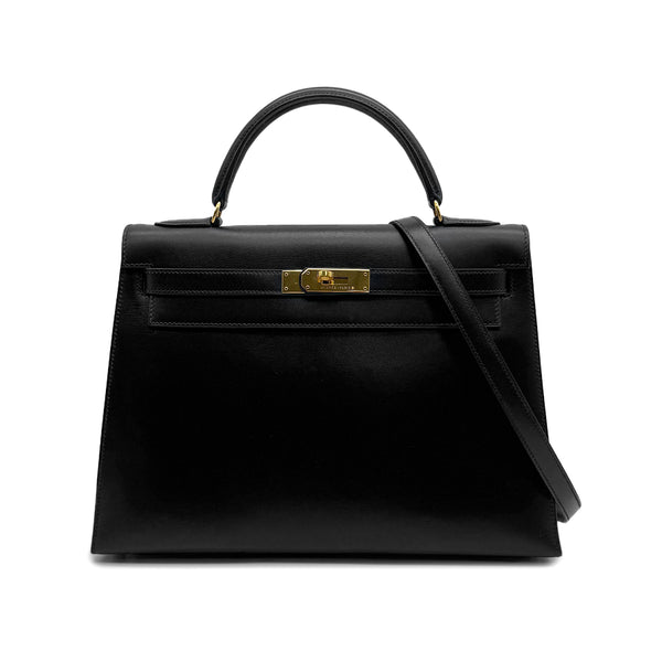 HERMES KELLY 32 SELLIER BLACK BOXCALF HAND SHOULDER BAG 1995 CIRCLE Y GOLD HARDWARE 90319653