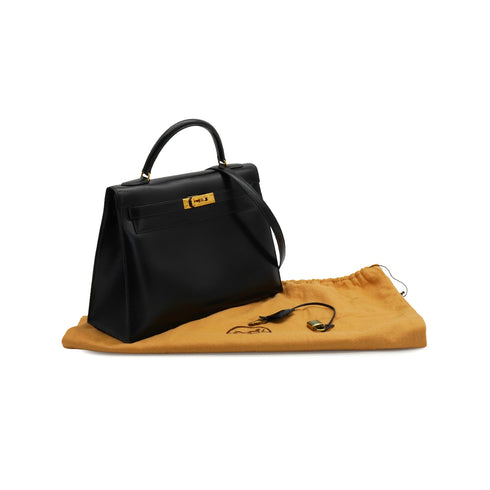 HERMES KELLY 32 SELLIER BLACK BOX CALF HAND SHOULDER BAG 1990 CIRCLE T GOLD HARDWARE 90342561