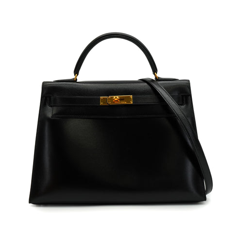 HERMES KELLY 32 SELLIER BLACK BOX CALF HAND SHOULDER BAG 1990 CIRCLE T GOLD HARDWARE 90342561