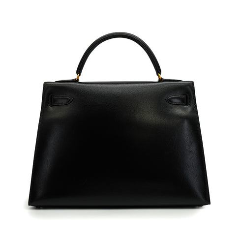 HERMES KELLY 32 SELLIER BLACK BOX CALF HAND SHOULDER BAG 1990 CIRCLE T GOLD HARDWARE 90342561