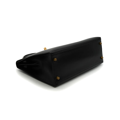 HERMES KELLY 32 SELLIER BLACK BOX CALF HAND SHOULDER BAG 1990 CIRCLE T GOLD HARDWARE 90342561