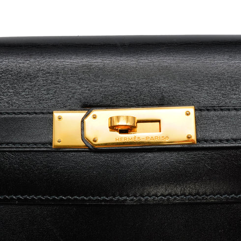 HERMES KELLY 32 SELLIER BLACK BOX CALF HAND SHOULDER BAG 1990 CIRCLE T GOLD HARDWARE 90342561