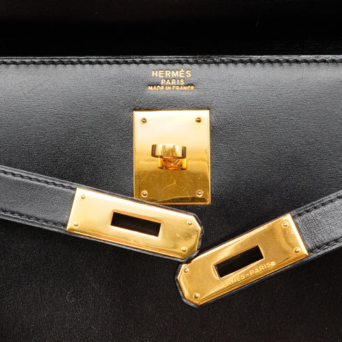 HERMES KELLY 32 SELLIER BLACK BOX CALF HAND SHOULDER BAG 1990 CIRCLE T GOLD HARDWARE 90342561