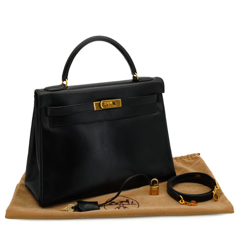 HERMES KELLY 32 SELLIER BLACK BOX CALF HAND SHOULDER BAG 1992 CIRCLE V GOLD HARDWARE 90338344