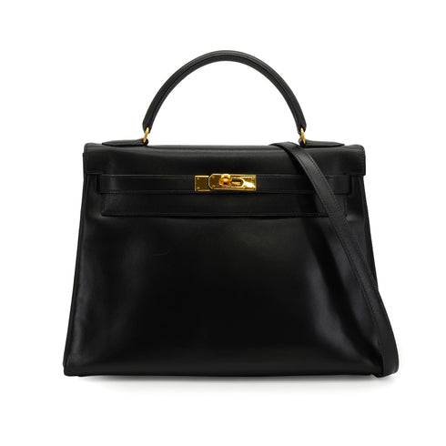 HERMES KELLY 32 SELLIER BLACK BOX CALF HAND SHOULDER BAG 1992 CIRCLE V GOLD HARDWARE 90338344