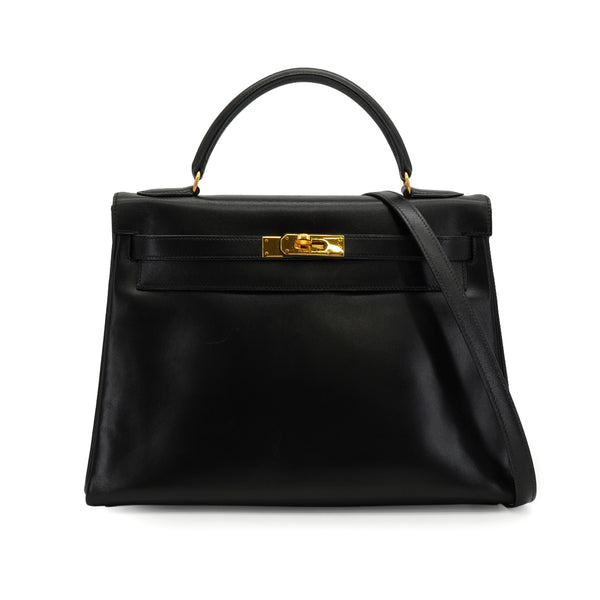 HERMES KELLY 32 SELLIER BLACK BOX CALF HAND SHOULDER BAG 1992 CIRCLE V GOLD HARDWARE 90338344