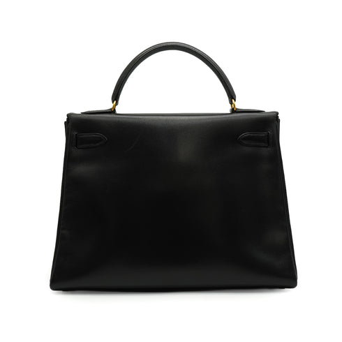 HERMES KELLY 32 SELLIER BLACK BOX CALF HAND SHOULDER BAG 1992 CIRCLE V GOLD HARDWARE 90338344