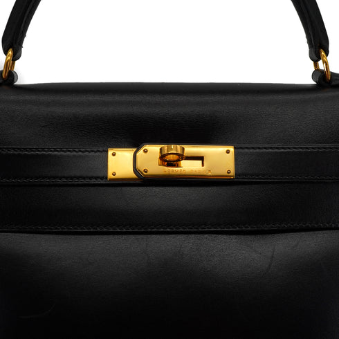HERMES KELLY 32 SELLIER BLACK BOX CALF HAND SHOULDER BAG 1992 CIRCLE V GOLD HARDWARE 90338344