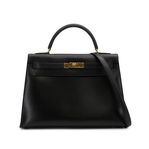 HERMES KELLY 32 SELLIER BLACK BOX CALF HAND SHOULDER BAG 1995 CIRCLE Y GOLD HARDWARE 90338345
