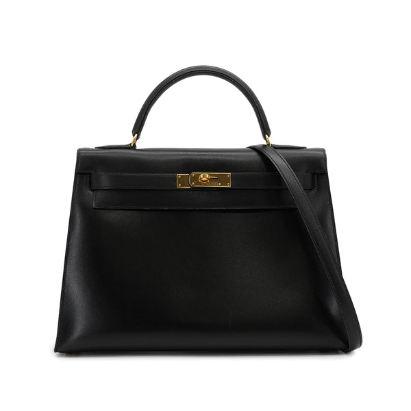 HERMES KELLY 32 SELLIER BLACK BOX CALF HAND SHOULDER BAG 1995 CIRCLE Y GOLD HARDWARE 90338345