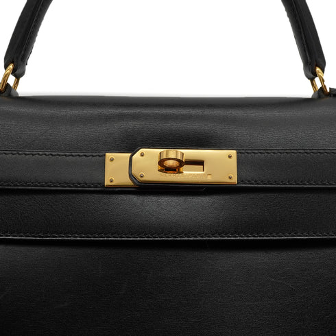 HERMES KELLY 32 SELLIER BLACK BOX CALF HAND SHOULDER BAG 1995 CIRCLE Y GOLD HARDWARE 90338345