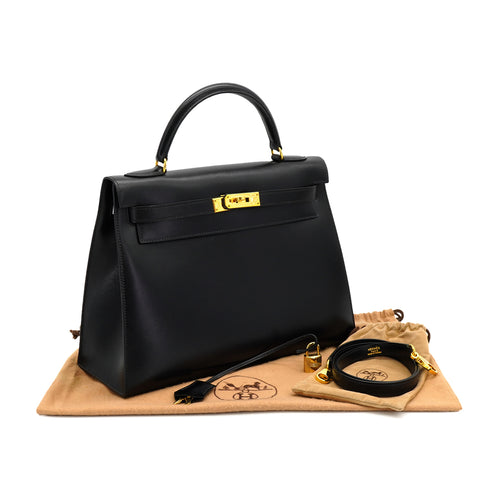 HERMES KELLY 32 SELLIER BLACK BOX CALF HAND SHOULDER BAG 1996 CIRCLE Z GOLD HARDWARE 90333264