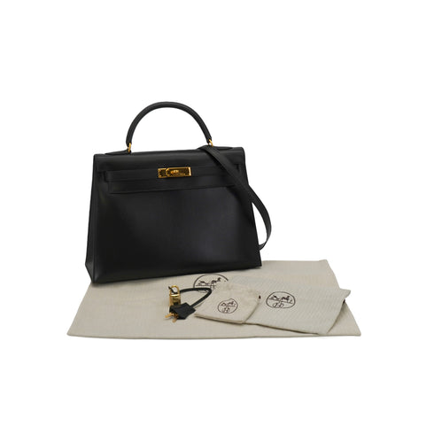 HERMES KELLY 32 SELLIER BLACK BOX CALF HAND SHOULDER BAG 1996 CIRCLE Z GOLD HARDWARE 90344358