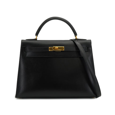 HERMES KELLY 32 SELLIER BLACK BOX CALF HAND SHOULDER BAG 1998 SQUARE B GOLD HARDWARE 90333892