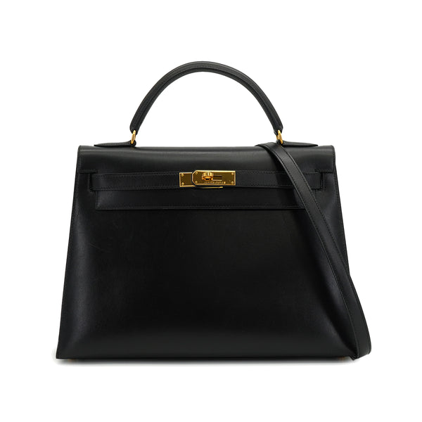 HERMES KELLY 32 SELLIER BLACK BOX CALF HAND SHOULDER BAG 1998 SQUARE B GOLD HARDWARE 90333892