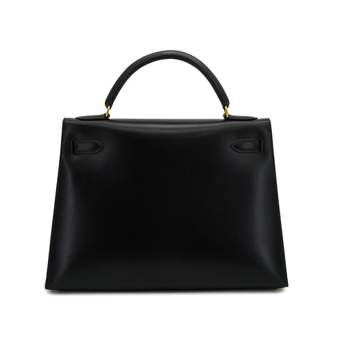 HERMES KELLY 32 SELLIER BLACK BOX CALF HAND SHOULDER BAG 1998 SQUARE B GOLD HARDWARE 90333892