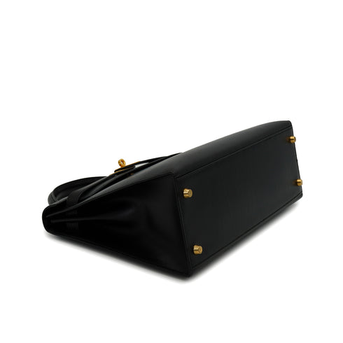 HERMES KELLY 32 SELLIER BLACK BOX CALF HAND SHOULDER BAG 1998 SQUARE B GOLD HARDWARE 90333892