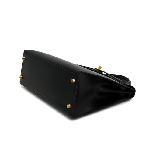 HERMES KELLY 32 SELLIER BLACK BOX CALF HAND SHOULDER BAG 1998 SQUARE B GOLD HARDWARE 90333892
