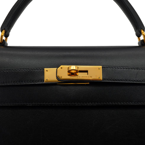 HERMES KELLY 32 SELLIER BLACK BOX CALF HAND SHOULDER BAG 1998 SQUARE B GOLD HARDWARE 90333892