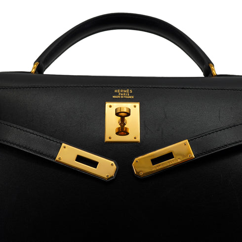HERMES KELLY 32 SELLIER BLACK BOX CALF HAND SHOULDER BAG 1998 SQUARE B GOLD HARDWARE 90333892