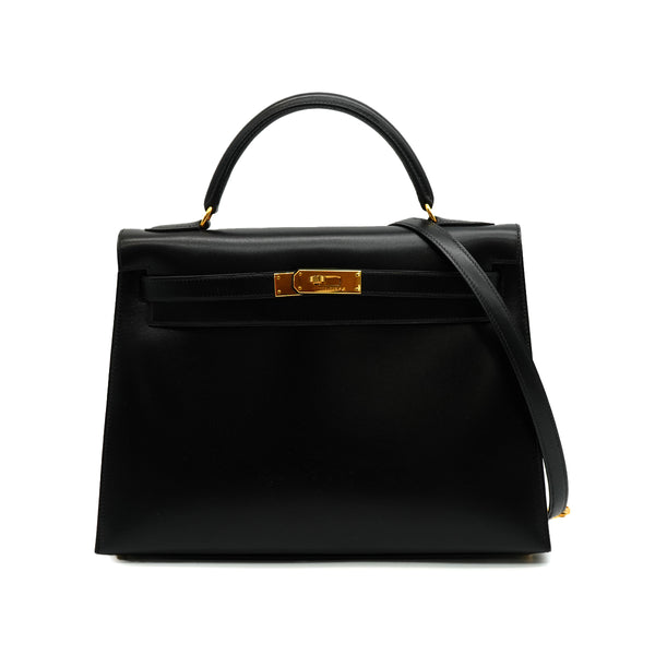 HERMES KELLY 32 SELLIER BLACK BOX CALF HAND SHOULDER BAG 1998 SQUARE B GOLD HARDWARE 90347762