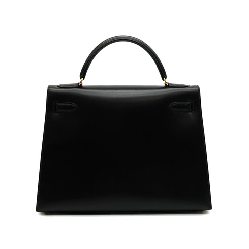 HERMES KELLY 32 SELLIER BLACK BOX CALF HAND SHOULDER BAG 1998 SQUARE B GOLD HARDWARE 90347762
