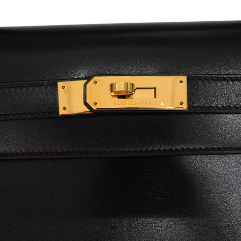 HERMES KELLY 32 SELLIER BLACK BOX CALF HAND SHOULDER BAG 1998 SQUARE B GOLD HARDWARE 90347762