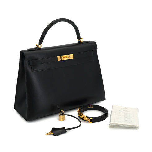 HERMES KELLY 32 SELLIER BLACK BOX CALF HAND SHOULDER BAG 2002 SQUARE F GOLD HARDWARE 90331660