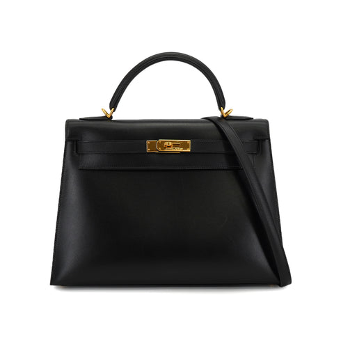 HERMES KELLY 32 SELLIER BLACK BOX CALF HAND SHOULDER BAG 2002 SQUARE F GOLD HARDWARE 90331660