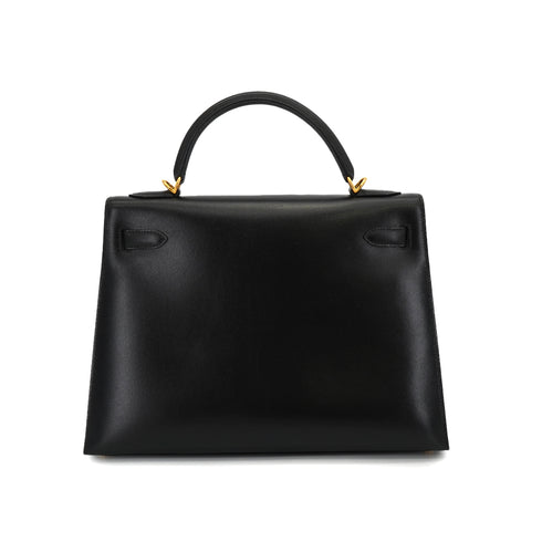 HERMES KELLY 32 SELLIER BLACK BOX CALF HAND SHOULDER BAG 2002 SQUARE F GOLD HARDWARE 90331660