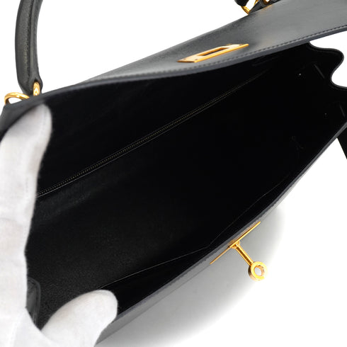 HERMES KELLY 32 SELLIER BLACK BOX CALF HAND SHOULDER BAG 2002 SQUARE F GOLD HARDWARE 90331660