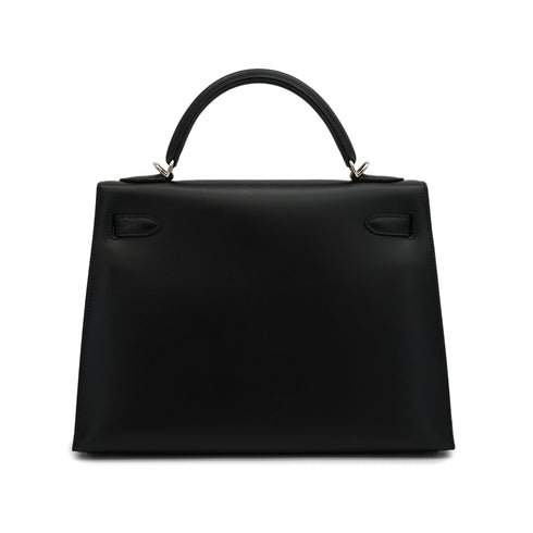 HERMES KELLY 32 SELLIER BLACK BOX CALF HAND SHOULDER BAG 2007 SQUARE K PALLADIUM HARDWARE 90347758