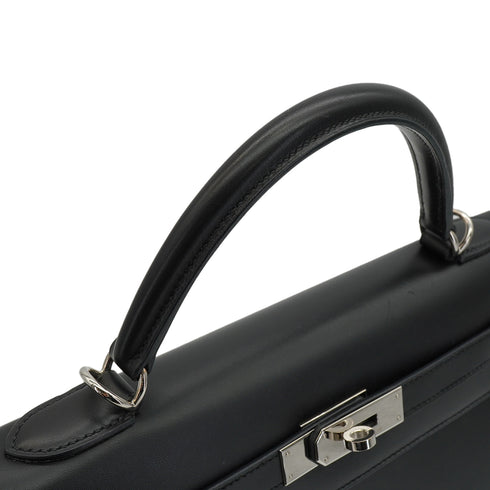 HERMES KELLY 32 SELLIER BLACK BOX CALF HAND SHOULDER BAG 2007 SQUARE K PALLADIUM HARDWARE 90347758