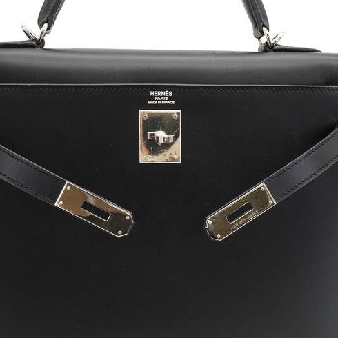 HERMES KELLY 32 SELLIER BLACK BOX CALF HAND SHOULDER BAG 2007 SQUARE K PALLADIUM HARDWARE 90347758
